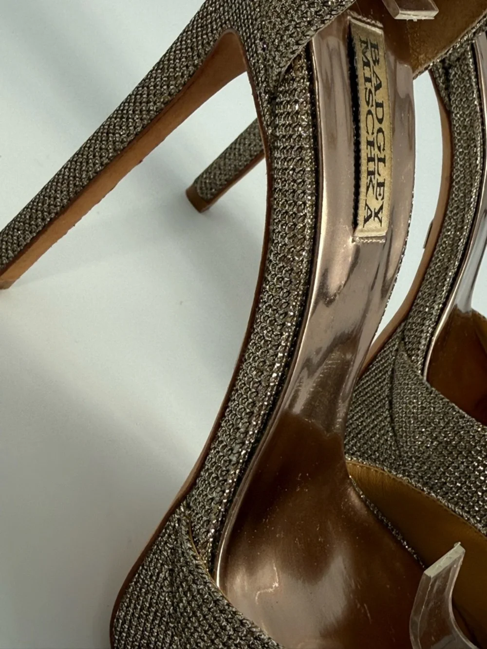 Badgley Mischka Gold Glitter Platform Stiletto Heels Ankle Strap Evening SZ 9